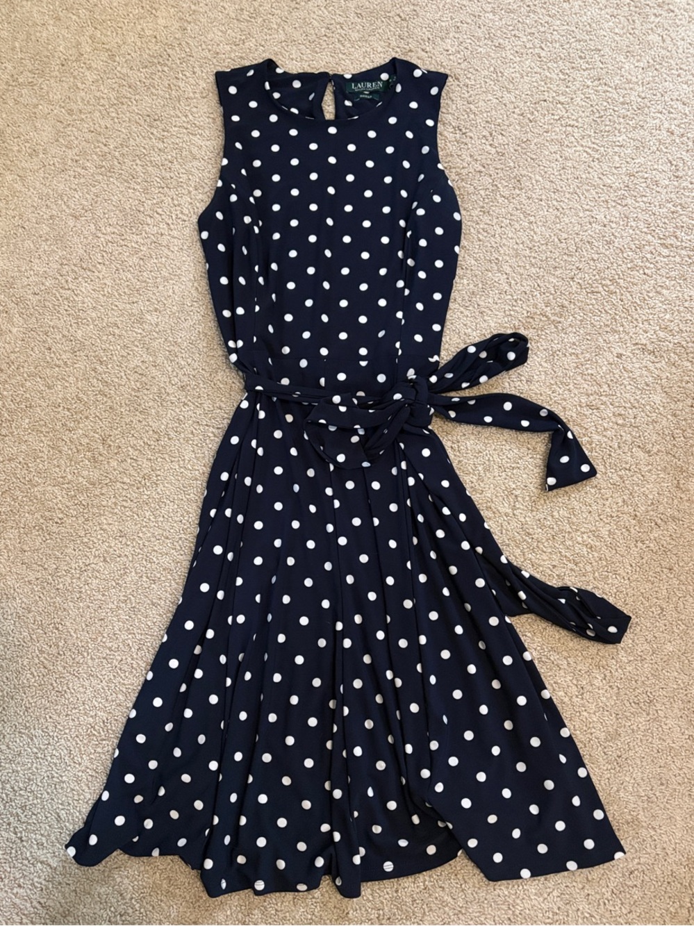 NWOT Ralph Lauren Navy and White Polka Dot Sleeveless Tie-Waist Dress 6